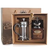 French Press Coffee Set, Metal & Wood Burr Grinder with French Press, Smooth Coffee Maker for Home & Camping, Coffee Table Decor, 7.9 x 5.1 x 2.6 inches