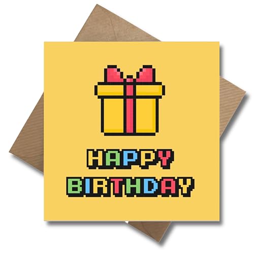 WBdesignz Happy Birthday Retro Gaming Tarjeta de Cumpleaños - Tarjeta de cumpleaños para jugadores, pixel, regalo, tarjeta de felicitación para gaming, cumpleaños (cuadrada)