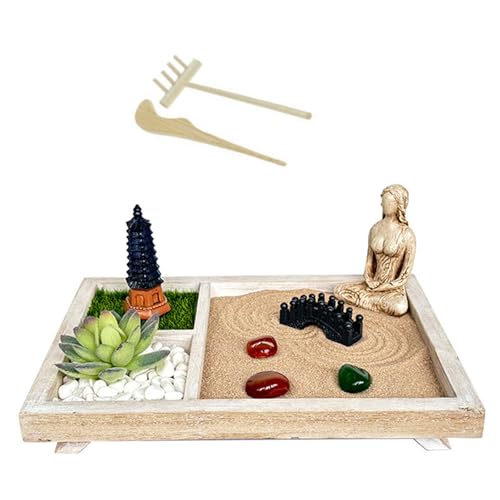 CAZSTYK Minis Zenes - Set da giardino per scrivania con rastrelli, sabbia, base rotonda, statuetta di pagoda in miniatura, piccolo ponte giapponese Zenes, giardino di sabbia Zenes, giardino di sabbia