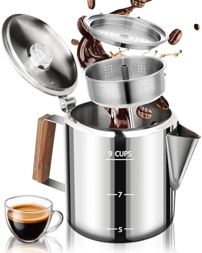 Image of Coffee Maker Coffee Percolator 304 Stainless Steel Pot Stovetop Easy Brewing Even Heating 9 Cup 50.7oz 1500ml Silver Classic Design Heat Resistant Home Camping Outdoor