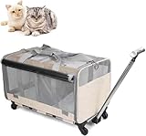 Transportín para Gatos con Ruedas para 2 Gatos, Transportín Doble para Gatos con Ruedas, Transportín Plegable para Mascotas De Doble Compartimento para 2 Gatos Y Perros Pequeños, Khaki