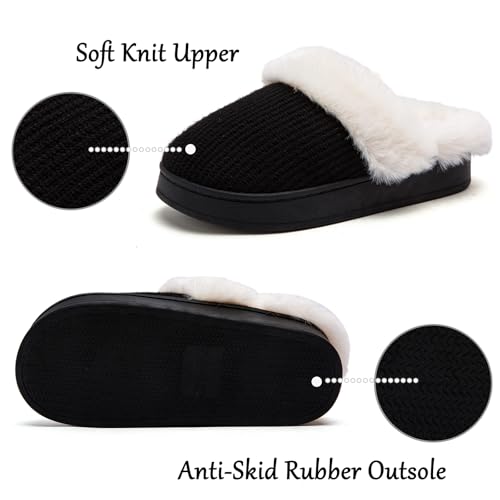 Women's Fuzzy House Slippers Comfy Memory Foam Bedroom Slippers Warm Knit Fluffy Plush Slip-on House Shoes Indoor Outdoor（B777Black11-124