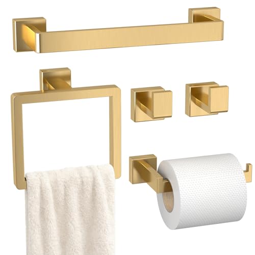Image of 5-Pieces Gold Bathroom Accessories Set, 16 Inch Towel Bar Set | Stainless Steel, Towel Ring, Toilet Paper Holder, Robe Hooks, Towel Racks for Bathroom Wall Mounted, Bathroom Hardware Set