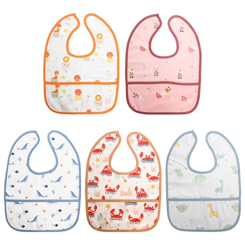 Rieoany Lot de 5 Bavoirs Bébé Naissance, Bavoir Imperméable avec Poche Récupératrice, Bavoirs Bébé Garçon et Fille avec Jolis Motifs Animaux, Faciles à Nettoyer