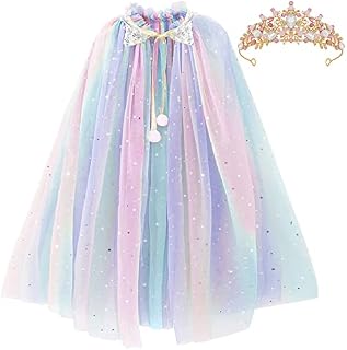 PHOGARY Princess Cape Colorful Princess Cloak, Princess Fancy Dress Halloween Costume Sparkling Sequins Tulle Carnival Birthday Party Cosplay Princess Dress Up with Princess Crown for Girls Style B