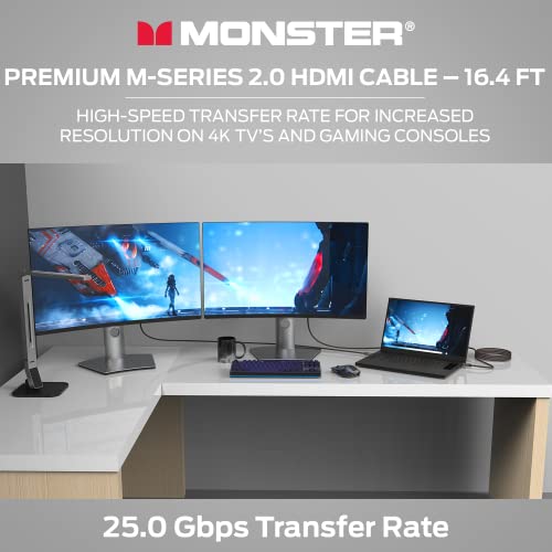 Image of Monster M-Series Certified Premium HDMI Cable 2.0, 25 Gbps High-Speed, 4K UHD 60Hz, Duraflex Jacket, Triple-Layer Shielding, Gold-Plated V-Grip Connector, 16.4 ft