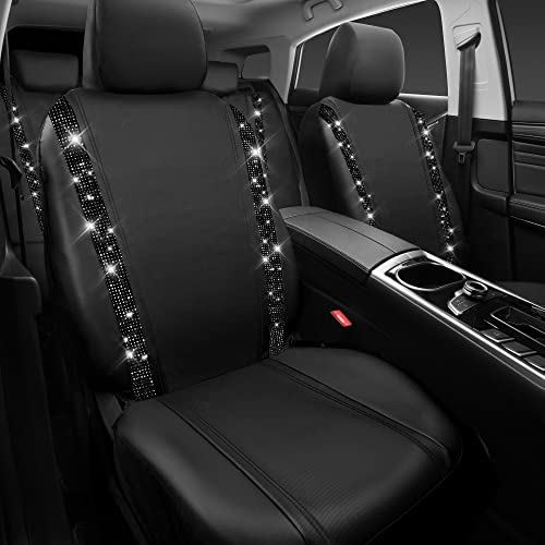 Image of CAR PASS Bling Diamond Car Seat Covers, Shining Rhinestones Waterproof Faux Leather, 7 Seats 3 Rows with Zipper Glitter Crystal Sparkle Strips Universal Fit 95% MPV,SUV,CAR for Women Girl, Black
