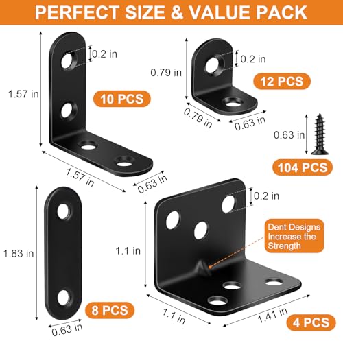 Image of 34 Pack L Bracket Corner Brace Kit, 4 Sizes Stainless Steel L Brackets for Wood Shelves, 90 Degree Right Angle Bracket, Black Metal Corner Brackets for Furniture Cabinet Drawer Chair with 104 Screws