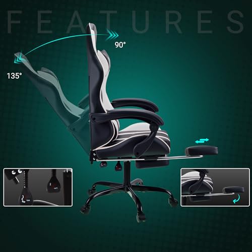play haha Gaming Chair with Footrest & Lumbar Support,Reclining Swivel Chair,Ergonomic Gaming Chair for Adults, High-Back Racing Style,Adjustable Height with Headrest Pillow - Image 4
