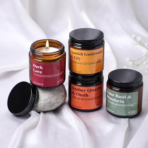 Image of AuraDecor Scented Soy Wax Amber Jar Candle Set of 4, Organic Luxury Aroma, Aromatic /Aromatherapy Votive Candle || Burning Time Upto 30 Hours (Aromatherapy, Gift Set (Type 1))