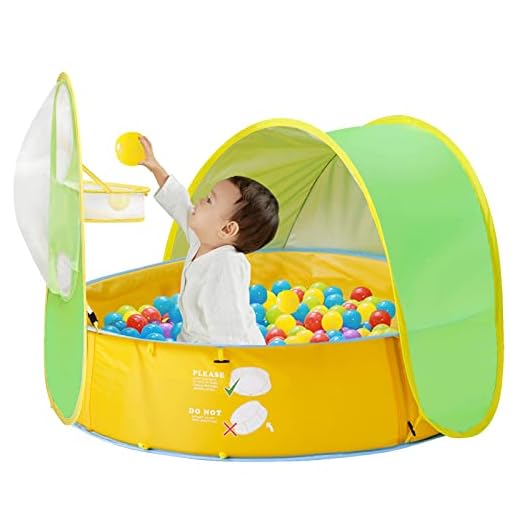 FBSPORT Tienda de Campaña para Bebe Niños, 4 en 1 Piscina de Bolas para Bebés Tienda de Playa Parque Infantil, Piscina Portátil para Bebés con aro de Baloncesto Protección Solar, Regalo para Bebe