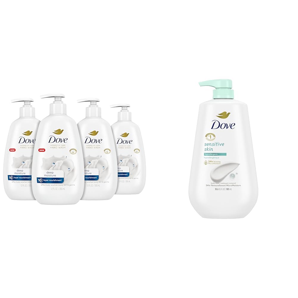 Dove Advanced Care Hand Wash Deep Moisture 4 Count for Soft, Smooth Skin & Body Wash with Pump Sensitive Skin Hypoallergenic, Paraben-Free, Sulfate-Free, Cruelty-Free