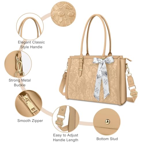 Image of MOSISO Laptop Bag for Women, PU Leather Tote Bag, Front Embossed Retro Hibiscus Computer Bags with Silk Scarf&Clutch Purse