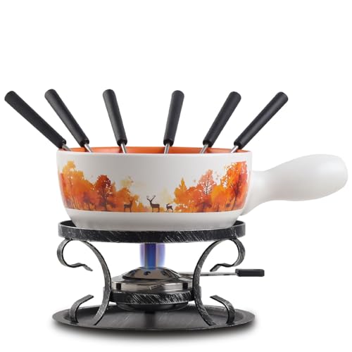 Artestia Swiss Design Fondue Set for Party - 2L Large Capacity Ceramic Fondue Pot Melting Cheese Chocolate, 6 Fondue Forks, Fondue Party, Wedding Gifts - Autumn Amble