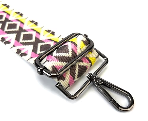 Image of Cream Purple Yellow Boho Diamond Purse Strap with Gunmetal Black Hardware 2 Inch Wide Replacement Crossbody Guitar Style Shoulder Strap for Handbags Totes