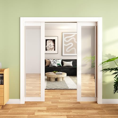 Image of JUBEST 72 inchx80 inch Double Pocket Door, 2 Sets of 36 inchx80 inch Mirrored Sliding Pocket Door