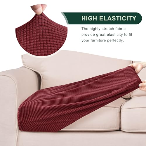 Image of CHUN YI Stretch Couch Cushion Cover Replacement, Fitted Loveseat Sofa Chair Seat Slipcover Furniture Protector, Checks Spandex Jacquard Fabric(3,Wine), 3