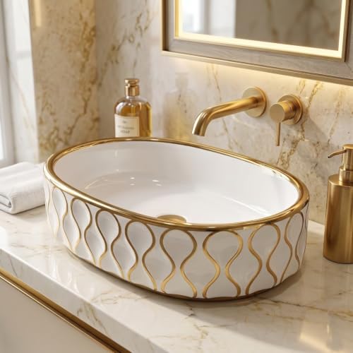 Image of Backline 20x13x5.5 Inches Table Top Wash basin | Basin for Bathroom | Countertop Bathroom Basin For Restaurant /Dining Hall /Living Room /Home (Gold White)(5 Years Glaze Warranty)