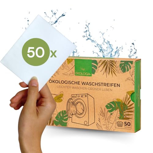 Hojas de detergente ekologa (50 unidades) - Tiras de lavado veganas, biodegradables y sin plástico, sin fosfatos ni productos químicos, suaves para la piel, para todo tipo de ropa