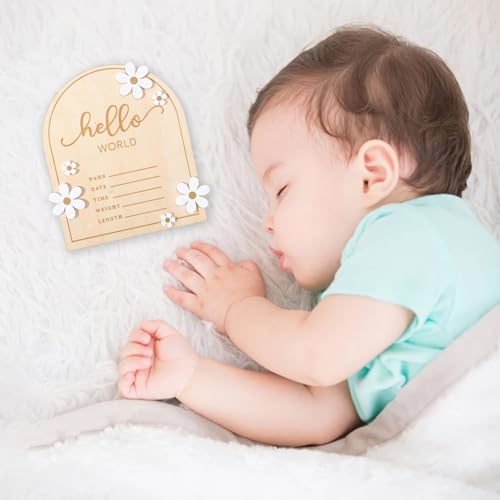 Image of ​Wooden Hello World for Baby Showers, 7.1 Inch Baby Announcement Sign, Birth Announcement Sign for Hospital Welcome Newborn Boys and Girls Shower, Nursery Hospital Information Record Board