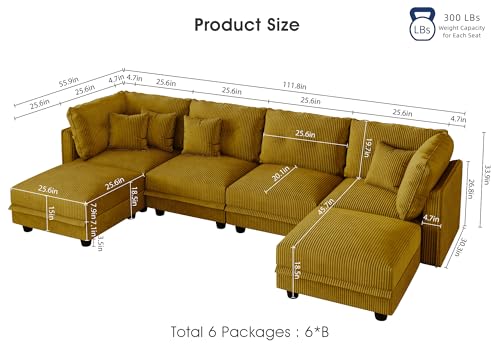 Image of LLappuil 112 inch Modular Sectional Sofa with Storage, U Shaped 6-Seat Corduroy Couch with 6 Throw Pillows, Convertible Sofa Set for Living Room & Apartment, Skin-Friendly & Soft, Yellow