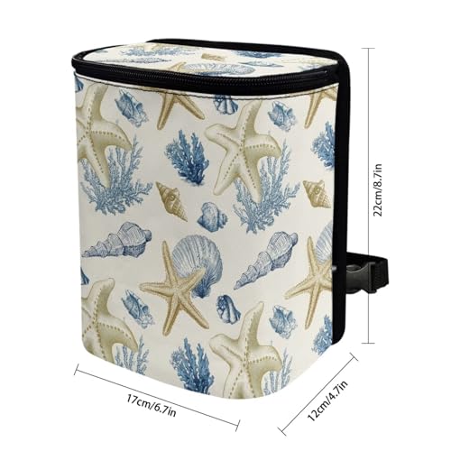 Image of Talayituse Starfish Conch Coral Print Car Trash Can with Adjustable Straps, Car Trash Bag Bin Car Garbage Bag Multipurpose Storage Box for Vehicle Travel Camping Picnicing