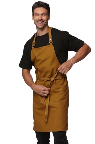 Guolamy Chef Apron Canvas Waterproof Kitchen Bib BBQ with Pockets 4251GB (Ginger 1 Pack)