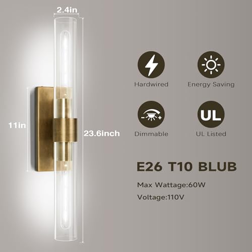Image of Brass Wall Sconces Set of Two, 22.8 inch Sconces Wall Lighting 2-Light, Gold Bathroom Wall Sconces, Glass Vanity Lights, Indoor Wall Sconce for Bathroom, Bedroom, Living Room, Hallway