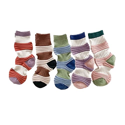 SLAKOP Casual Compression Socks for Women 5 Pairs Pleats Cotton Ergonomic Socks for Teens Grils Above Ankle Crew Athletic Socks (Clashing Colors (5 Pairs))