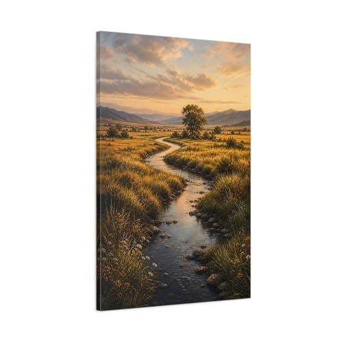 Toile paysage rivière dorée nature apaisante grand tableau déco salon vertical