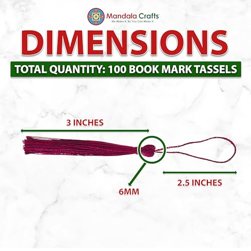 Image of Mandala Crafts Small Burgundy Bookmark Tassels - 100 Bulk Silky Mini Craft Tassels with Loops for Bookmarks, Jewelry Making, Graduation Decorations, and Keychains