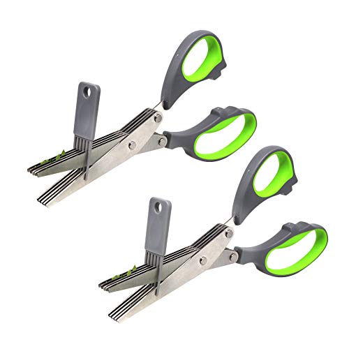 2 x Kräuterschere mit 5 Edelstahl-Klingen, Mehrzweck-Küchenschere mit Deckel, Kräuter-Schneider Zerkleinerer Cover