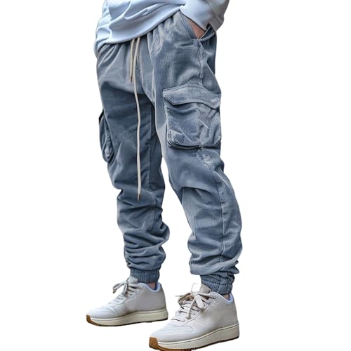 Men's Corduroy Cargo Pants Retro Workwear Loose Fit Elastic Waist Hiking Trousers with Multi-Pockets