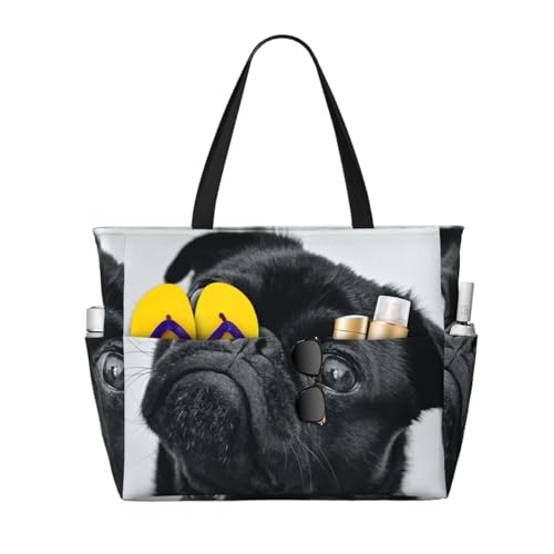Grand sac de plage carlin noir et cabas épaule femme pour l'été