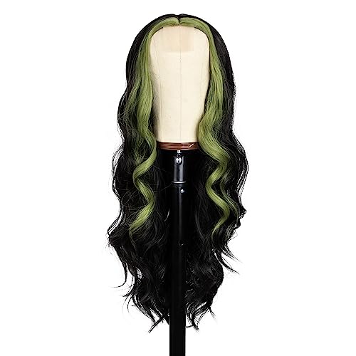 Mujgoo Long Wavy Skunk Stripe Wigs Black And Green Highlight Wig Synthetic Lace Front Wigs Black And Green Fashion Female Wig Party Cosplay Everyday Wig 28Inch Long Wavy Green Wig #TOP2