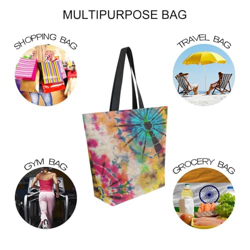 Image of Tie Dye Canvas Tote Grocery Bag Shoulder Casual Book Bag Large for Women Teachers, Retro Cotton Bag Shopping Purse Handbag Reusable Multipurpose Use