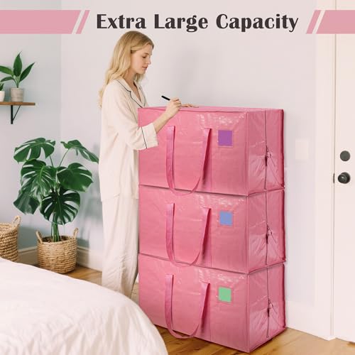 Image of 6 Pack Moving Bags with Full-Open Side Zipper, Extra Large 93L Heavy Duty Waterproof Foldable Storage Totes for College Dorm, Moving & Home Organization Pink