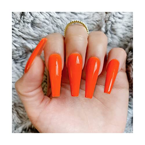 Press on Nails Long Color Gel Fake Nail, Solid Color Manicure Set Including Jelly Glue, Nail File, Cuticle Stick, 24 Pcs. (bright orange – glossy)