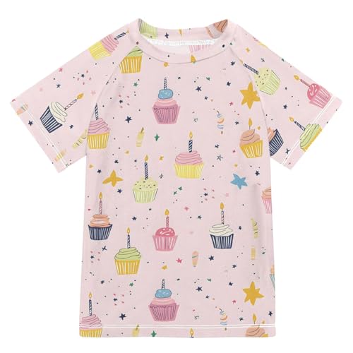ALAZA Boys Swim Shirt Short Sleeve Rash Guard for Boys Girls UPF 50+ Candle Cake Print 9-10T