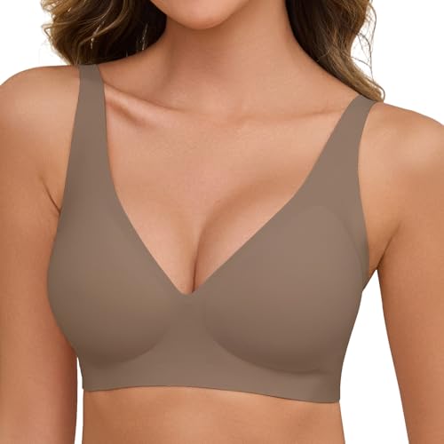 Nadeer Sujetador sin Aros Mujer Bralette sin Costuras Push Up Sostenes Básicos Cuello V Brasier de Dormir Comodos con Extensor de Sujetador(Gris,M)