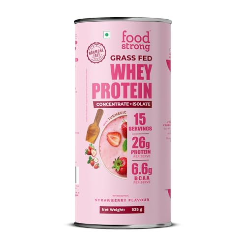 Image of Foodstrong Whey Protein Powder (Concentrate + Isolate), 100% Hormone Free Grass-Fed Whey, 26G Protein & 6.6G BCAA, Strawberry, With Turmeric & Digestive Enzymes, (15 Sachets), 525G