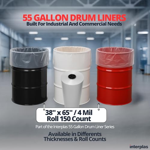 Image of Interplas 55-Gallon Drum Liners - Extra-Durable 4 Mil LDPE - 38 inchx65 inch 150 Liners - Heavy-Duty Protection for Industrial & Bulk Storage.