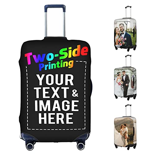 Custom Double-Sided Printed Luggage Cover Elastic Travel Suitcase Protector Covers Customized Design Your Personalized Photo Logo Name Text Washable Baggage Gear (L, fit 25-28 Inch Luggage)