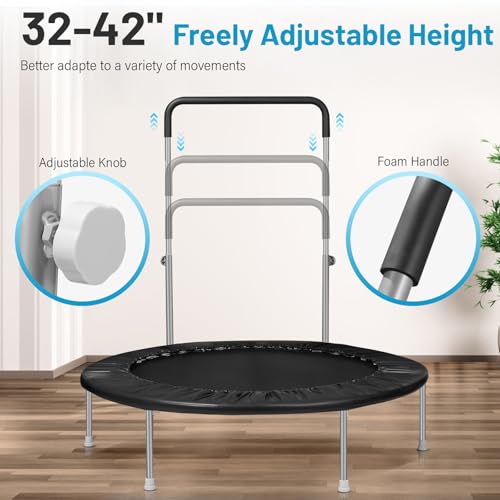 Image of Lyromix 40 inch / 48 inch Rebounder Trampoline for Adults with Adjustable Bar, Mini Fitness Trampoline for Adults and Kids, Small Exercise Trampoline with Handle for Indoor Outdoor Workout