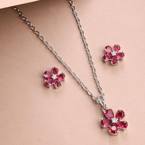 Image of ZENEME Rhodium Plated Silver Toned American Diamond Studded Floral Shaped Pendant Chain With Earrings Jewellery Set For Women And Girls
