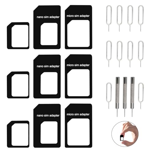 16 Pièces 4 en 1 Adaptateur Carte SIM avec Épingle d'Éjection de Carte SIM Kit, Nano à Micro, Nano à Standard, Micro à Standard Adaptateurs, Éjecteur...