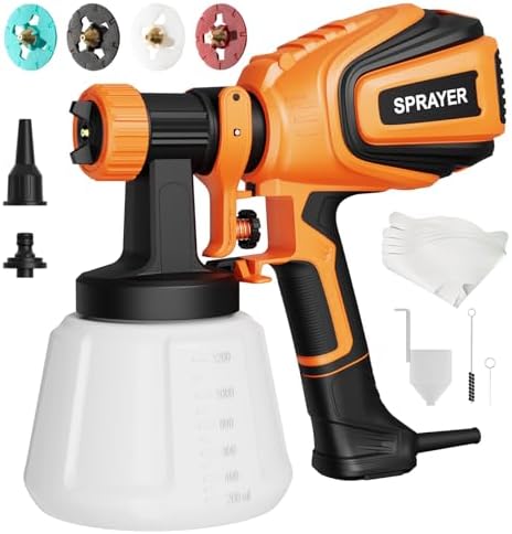 VONFORN Paint Sprayer, 700W HVLP Spray Gun with Cleaning & Blowing Joints, 4 Nozzles and 3 Patterns, Easy to Clean, for Furniture, Cabinets, Fence, Walls, Door, Garden Chairs etc. VF803 Orange