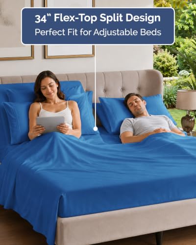 Image of Flex Top Split Head King 6 Piece Sheet Set - Soft & Cooling - Royal Blue | Ultra Soft Hotel Luxury Bedding Set w / 8-16 Inch Deep Pockets, 1 Flat & 1 Split-Head Fitted Sheet & 4 Pillowcases, Fade Free