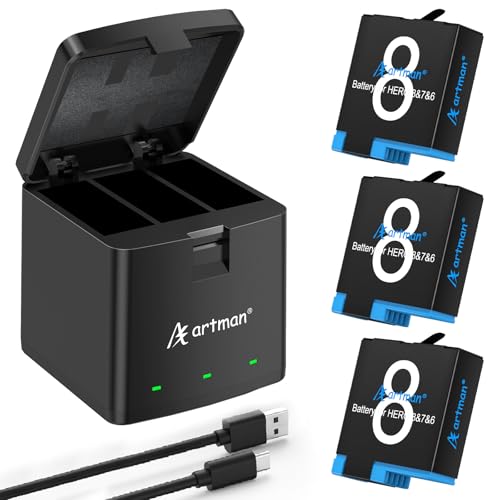 A Artman Battery 1500mAh for GoPro Hero 8/7/6/5 Black and 3-Channel LED USB Charger Fully Compatible with GoPro Hero 8 Battery and Charger (3-Pack)