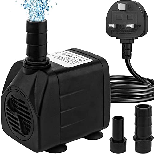 Mini Submersible Water Pump (600L/H 10W) Adjustable Ultra Quiet Fountain Water Pump for Aquarium Fish Tank Pond Statuary Hydroponics Indoor or Outdoor Fountain with 1.5M Power Cord and 2 Nozzles